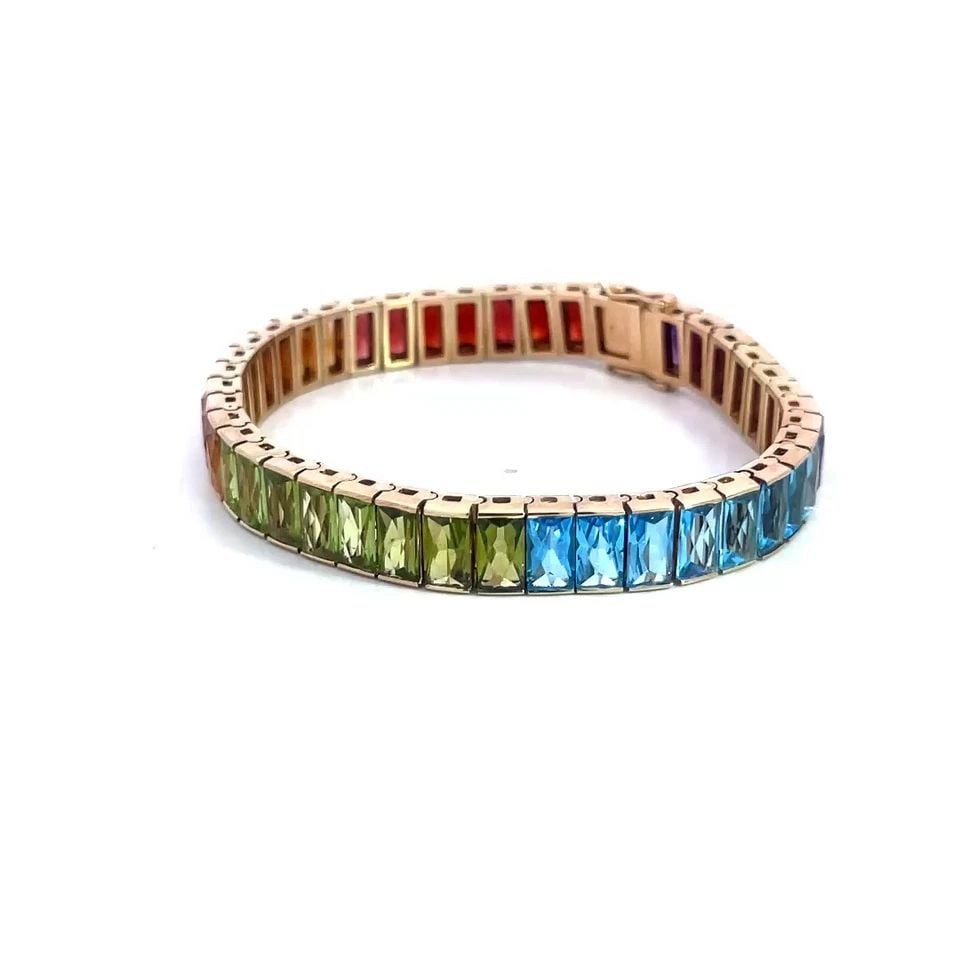 GOLD BRACELET RAINBOW MULTI-COLOR GEMS 14K YELLOW RECTANGLE LINK FLEX BAND (1 of 2)