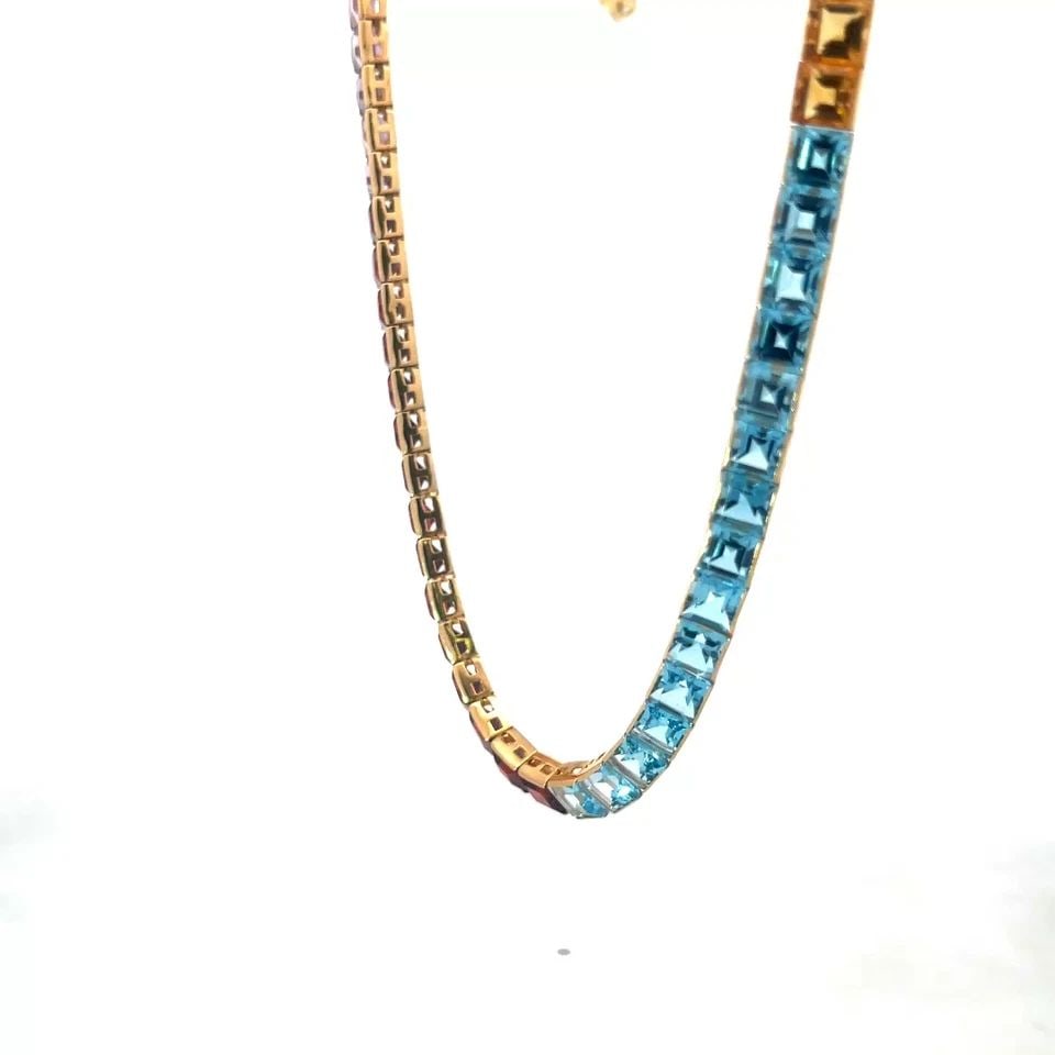 YELLOW GOLD NECKLACE MULTICOLOR RAINBOW GEMS 14K SQUARE SHAPE HALF BEZEL SET: YELLOW GOLD NECKLACE MULTICOLOR RAINBOW GEMS 14K SQUARE SHAPE HALF BEZEL SET This is a lovely collar necklace, it is crafted from 14k yellow gold featuring square shape semi-precious colored gemstones