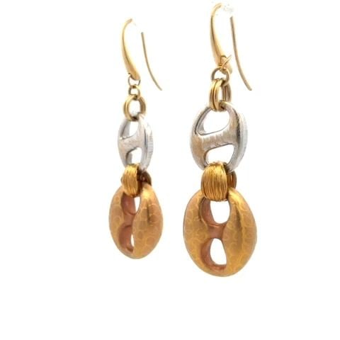 EARRINGS & PENDANT 18K GOLD SET MARINER LINK ETCHED PUFFED DANGLE STYLE: EARRINGS & PENDANT 18K GOLD SET MARINER LINK ETCHED PUFFED DANGLE STYLE This is a beautiful earrings and pendant set; they are crafted from 18k yellow and white gold. The pendant has a textured brush 