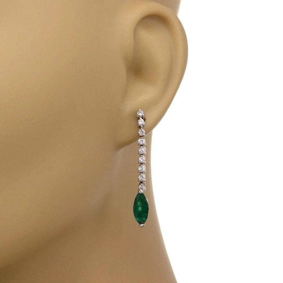 EMERALD & DIAMOND 14K WHITE GOLD DANGLE EARRINGS 3 CARATS (1 of 2)