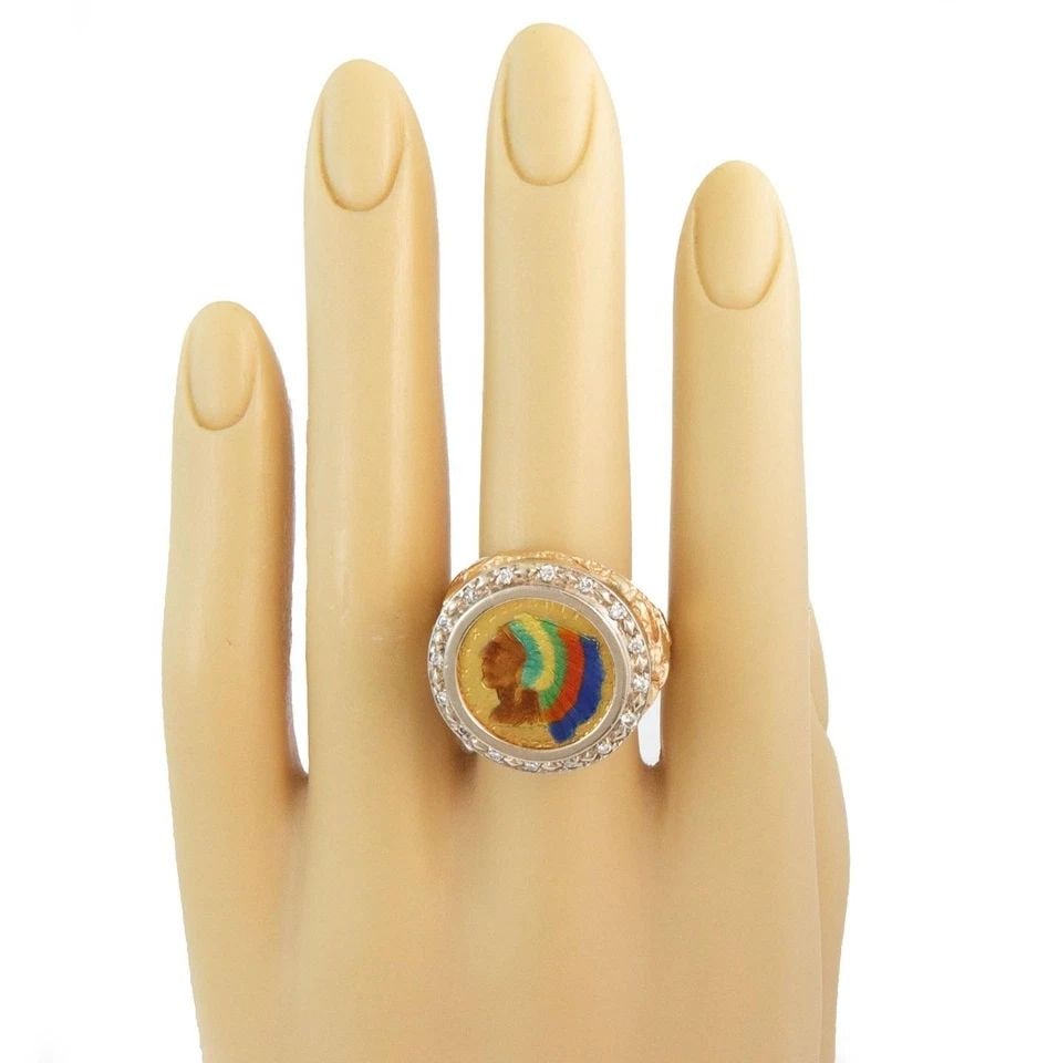 ESTATE 22K ENAMEL DIAMOND CHIEF HEAD 13K GOLD: ESTATE 22K ENAMEL DIAMOND CHIEF HEAD 13K GOLD Estate 22k Enamel Diamond Chief Head Gold Coin 13k Gold Ring Description This is an impressive men's vintage coin ring, the ring bridge and shoulder frame