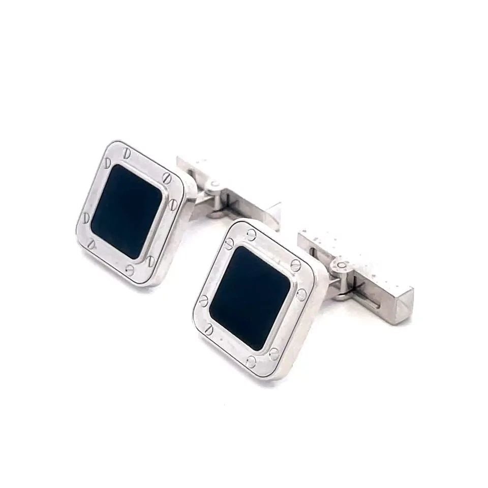 CARTIER SANTOS GOLD CUFFLINKS 18K WHITE BLACK ONYX SQUARE TOP FRANCE: CARTIER SANTOS GOLD CUFFLINKS 18K WHITE BLACK ONYX SQUARE TOP FRANCE The Cartier Santos Gold Cufflinks are a luxurious accessory for men, featuring a square-shaped white gold frame with screw motifs, 