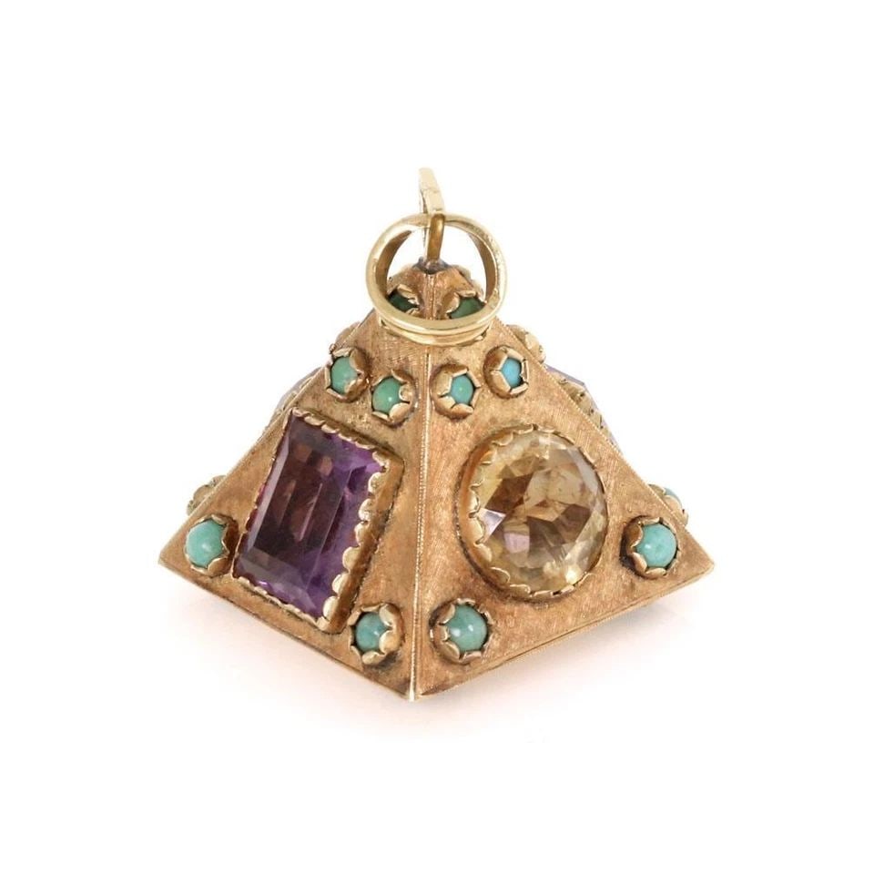 VINTAGE MULTI-COLOR 18K YELLOW GOLD PYRMID STYLE PENDANT LIQUIDATION!: VINTAGE MULTI-COLOR 18K YELLOW GOLD PYRMID STYLE PENDANT ! Vintage Multi-Color 18k Yellow Gold Pyrmid Style Pendant ! Description This is a vintage all around gemstone pendant, it is crafted from 18k 
