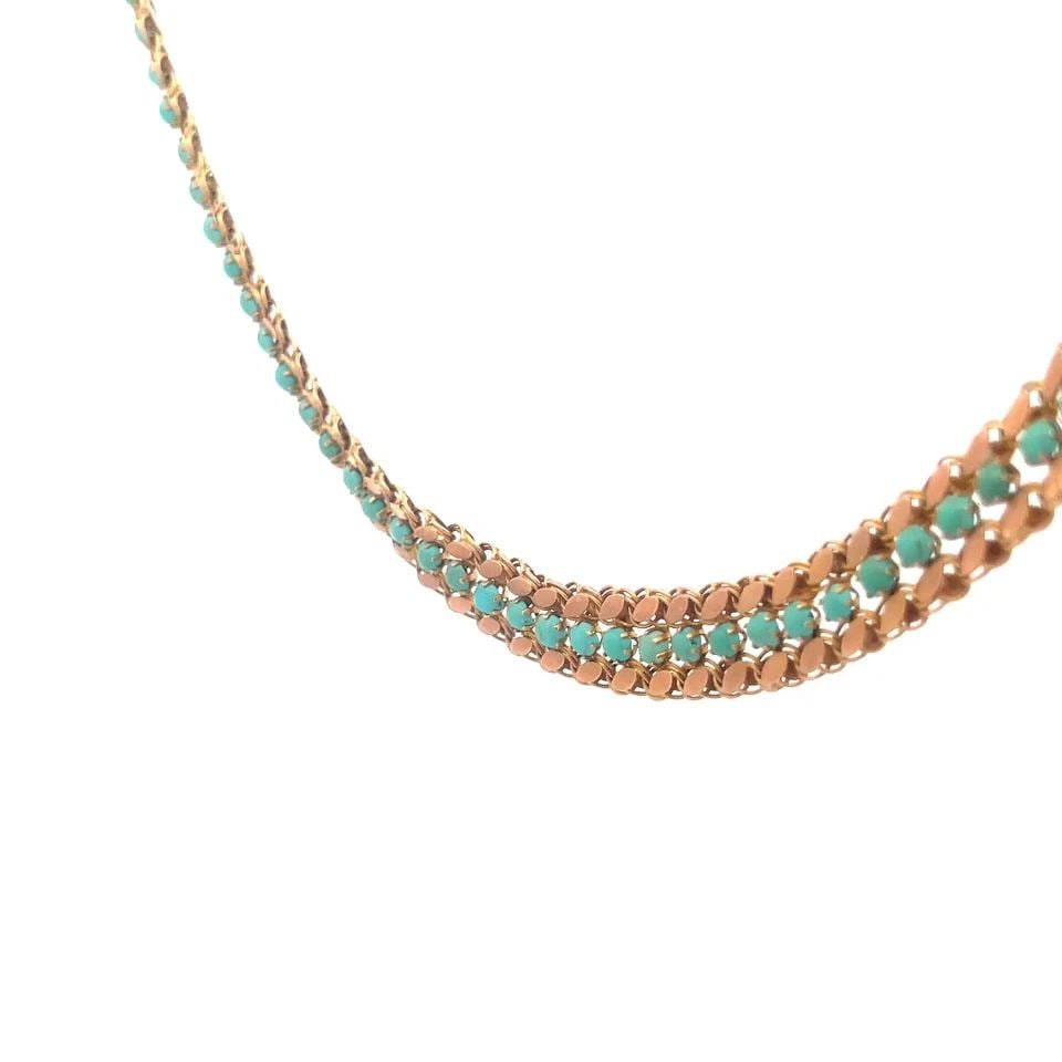 TURQUOISE ROSE GOLD NECKLACE VINTGE 14K BEAD WIDE FLEX COLLAR STYLE: This charming vintage collar necklace is crafted from 14k rose gold featuring flat marquise shape gold links on both sides of the 10mm wide flexible link necklace, along the center are small prong set