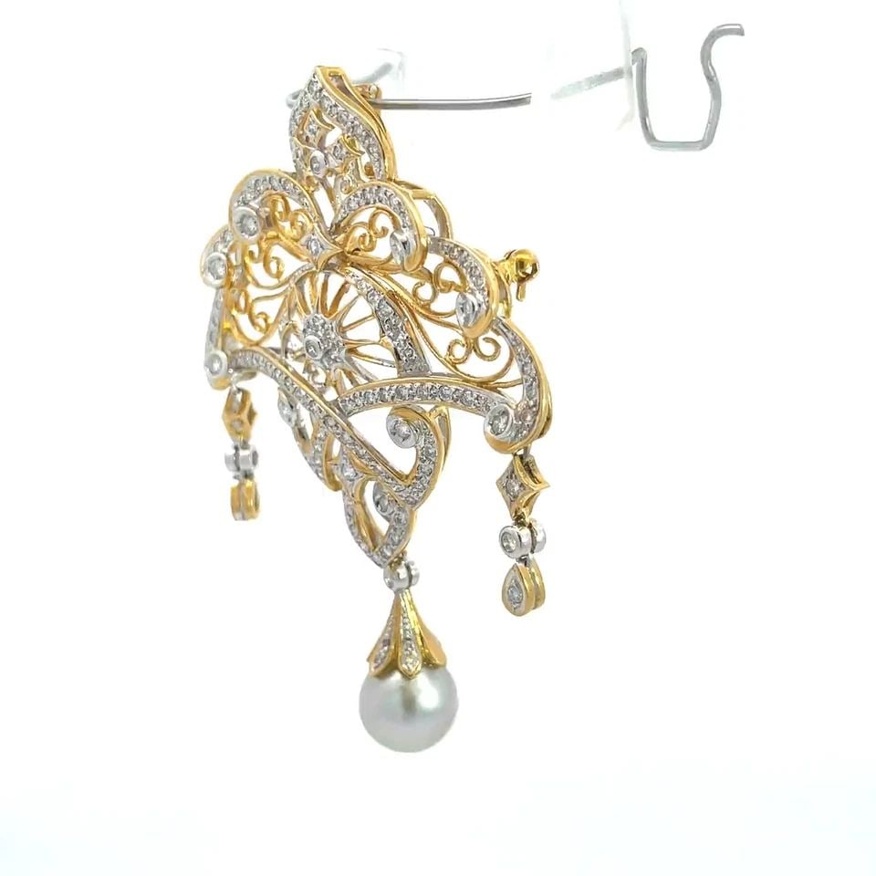 ESTATE 1CT DIAMOND PEARL 18K TWO TONE GOLD FANCY BROOCH PENDANT LIQUIDATION (1 of 2)