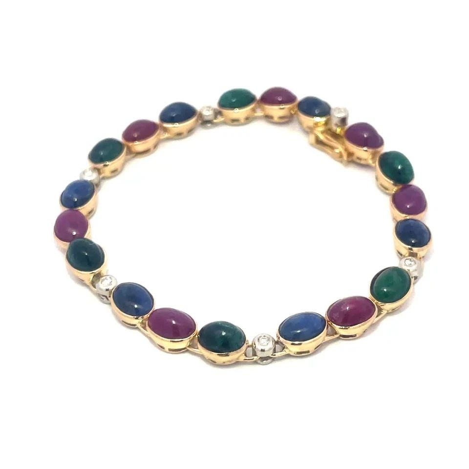 DIAMOND & GEMS GOLD BRACELET 18K YELLOW CABOCHON EMERALD, RUBY AND SAPPHIRE (1 of 2)