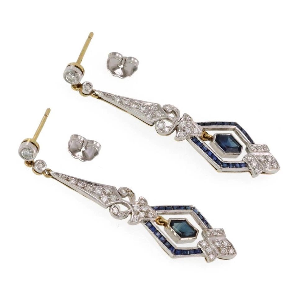VINTAGE DIAMONDS SAPPHIRE 18K GOLD PLATINUM DANGLE EARRINGS LIQUIDATION (1 of 2)