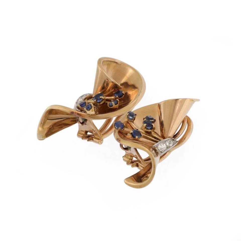 FRENCH RETRO DIAMOND SAPPHIRE 18K ROSE GOLD CLIP ON EARRINGS (1 of 2)