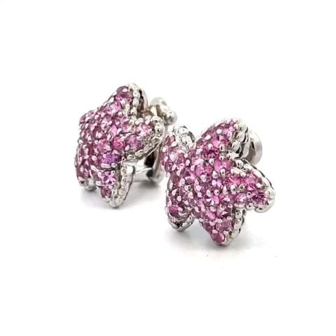 STARFISH 18K GOLD EARRINGS 4CT PINK SAPPHIRE POST CLIP HUGGIE STYLE: STARFISH 18K GOLD EARRINGS 4CT PINK SAPPHIRE POST CLIP HUGGIE STYLE This is an adorable pair of earrings; they are crafted from 18k white gold featuring dome shape starfish set with beautiful pink sap