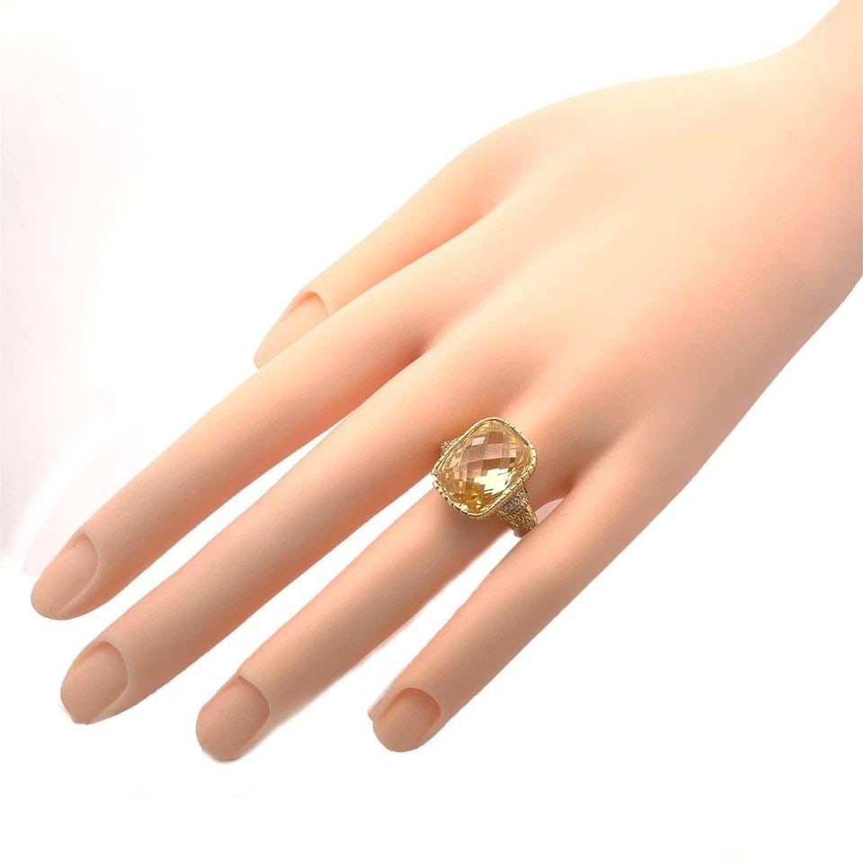 JUDITH RIPKA DIAMOND RING YELLOW COLORED STONE 18K YELLOW GOLD SOLITAIRE: Judith Ripka Diamond 18k Yellow Gold Ring Description This lovely authentic ring is by Judith Ripka, it is crafted from 18k yellow gold featuring a beautiful rectangular faceted cut yellow colored sto