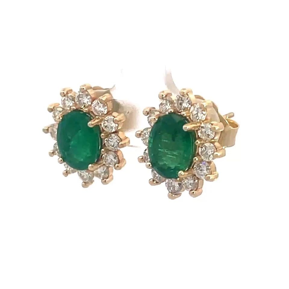EMERALD GOLD EARRINGS DIAMOND 14K YELLOW OVAL PRONG HALO STUD (1 of 2)