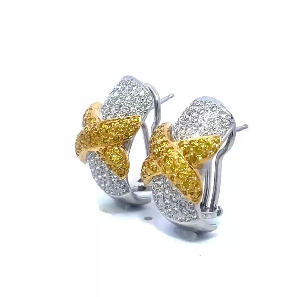 DIAMOND GOLD X EARRINGS 18K TWO TONE HALF HOOP POST CLIP STYLE: DIAMOND GOLD X EARRINGS 18K TWO TONE HALF HOOP POST CLIP STYLE The Diamond Gold X Earrings are a stunning piece of fine jewelry featuring natural white diamonds on 18k white gold wide band and a yello
