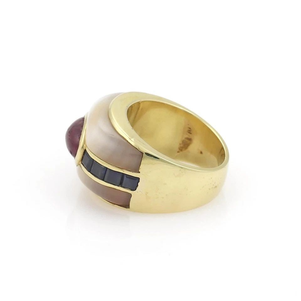 SIGNED 4.40CT RUBY SAPPHIRE 18K YELLOW GOLD MOP RING LIQUIDATION: SIGNED 4.40CT RUBY SAPPHIRE 18K YELLOW GOLD MOP RING Signed 4.40ct Ruby Sapphire 18k Yellow Gold MOP Ring Description This is a designer signed KYL dome ring, crafted from 18k yellow gold with a polis