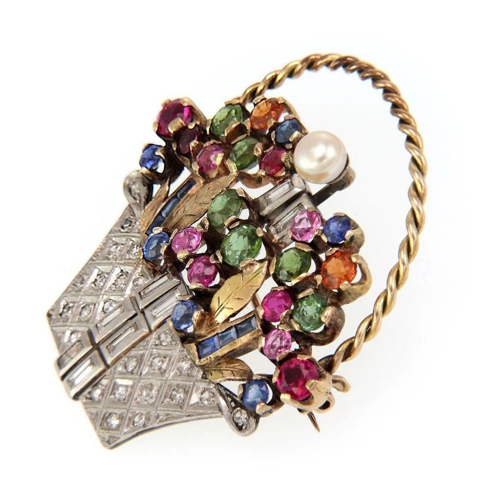 9K GOLD BROOCH YELLOW PIN VINTAGE DIAMOND TWO TONE GOLD MULTICOLOR GEMS: 9K GOLD BROOCH YELLOW PIN VINTAGE DIAMOND TWO TONE GOLD MULTICOLOR GEMS Vintage 1.00ct Diamond 9k Two Tone Gold Multicolor Gems Brooch Description This is a gorgeous vintage brooch. It is crafted from