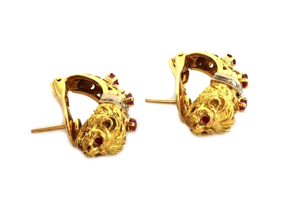 18K LION EARRINGS ETRUSCAN BYZANTINE RUBY DIAMONDS (1 of 2)