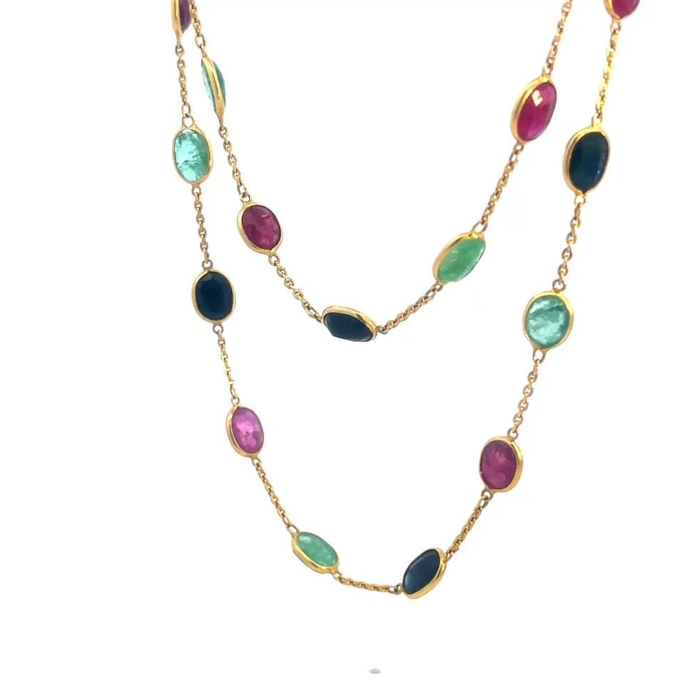 RUBY SAPPIRE EMERALD GOLD NECKLACE 16K YELLOW OVAL SET BY THE YARD STYLE (1 of 2)