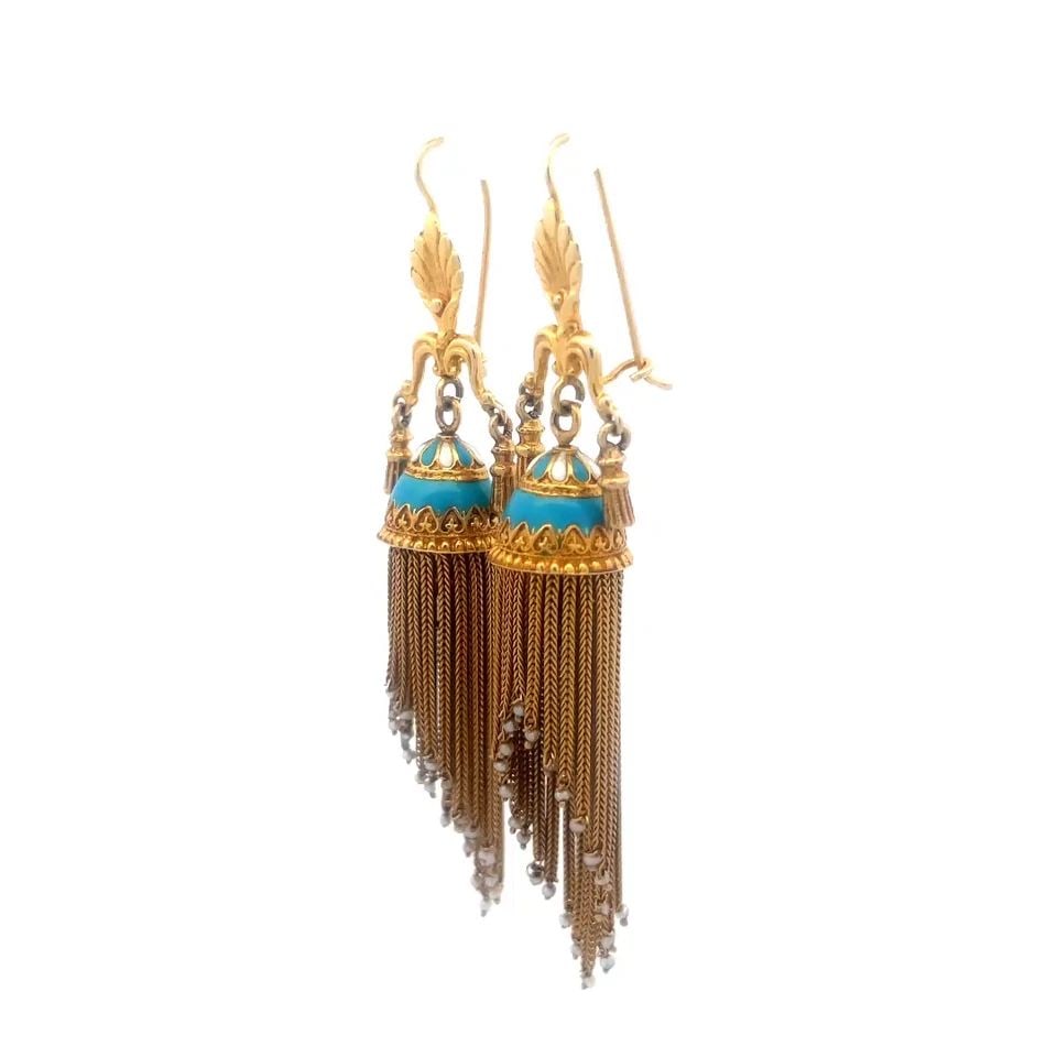 GOLD ENAMEL VICTORIAN EARRINGS 14K YELLOW DANGLE MULTI-CHAIN TASSEL STYLE: GOLD ENAMEL VICTORIAN EARRINGS 14K YELLOW DANGLE MULTI-CHAIN TASSEL STYLE This beautiful pair of earrings are from the Victorian Era, crafted from 14k yellow gold featuring a foliate floral top motif 