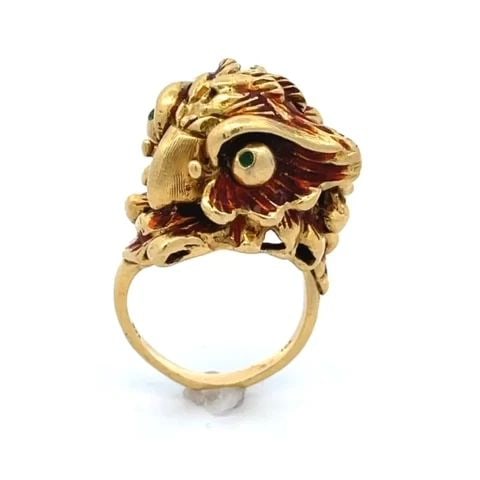 VINTAGE 18K YELLOW GOLD ENAMEL 3D OWL RING (1 of 2)