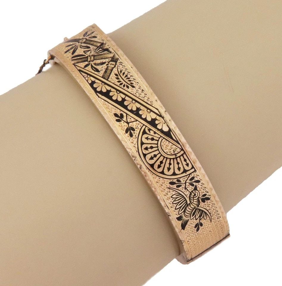 VINTAGE ENAMEL 10K YELLOW GOLD 13MM WIDE HINGE BRACELET - LIQUIDATION!: VINTAGE ENAMEL 10K YELLOW GOLD 13MM WIDE HINGE BRACELET - ! Vintage Enamel 10k Yellow Gold 13mm Wide Hinge Bracelet - ! Description This is a vintage oval shape wide bracelet, it is hallow inside and 