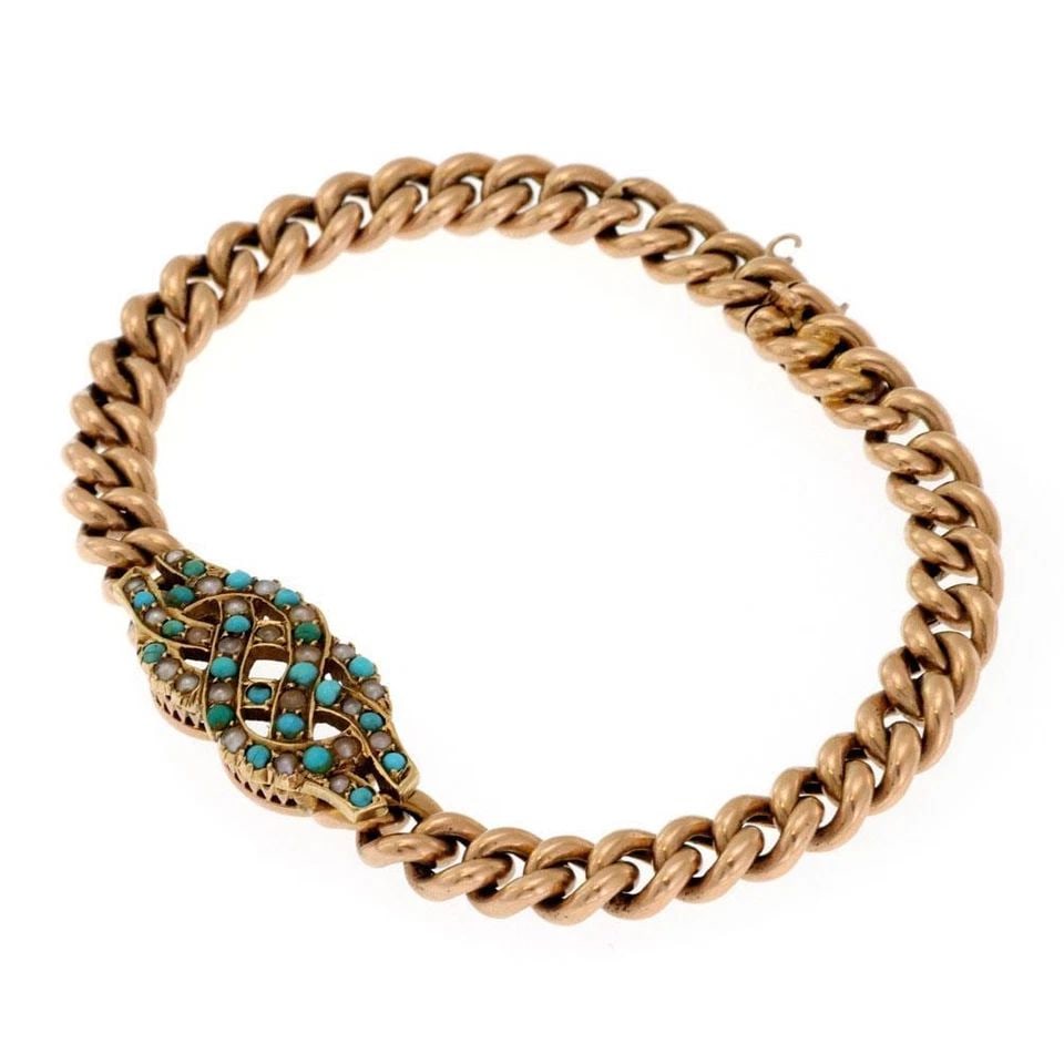 VICTORIAN TURQUOISE SEED PEARLS 15K ROSE GOLD KNOT CHARM BRACELET LIQUIDATION: VICTORIAN TURQUOISE SEED PEARLS 15K ROSE GOLD KNOT CHARM BRACELET Victorian Turquoise Seed Pearls 15k Rose Gold Knot Charm Bracelet Description This beautiful Victorian Era bracelet is crafted from 15