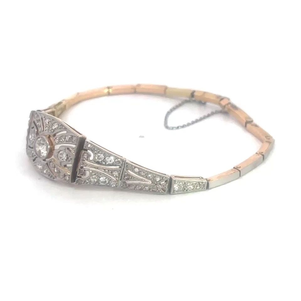 DECO DIAMOND PLATINUM BRACELET 17K GOLD FILIGREE MILGRAIN STYLE: DECO DIAMOND PLATINUM BRACELET 17K GOLD FILIGREE MILGRAIN STYLE The beautiful Art Deco diamond platinum bracelet is a stunning piece of fine jewelry with a beautiful Art Deco style. Crafted with natur
