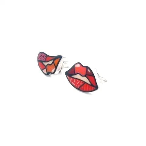ROMERO BRITTO X OC GOLD STUD EARRINGS ENAMEL LIPS 18K WHITE (1 of 2)