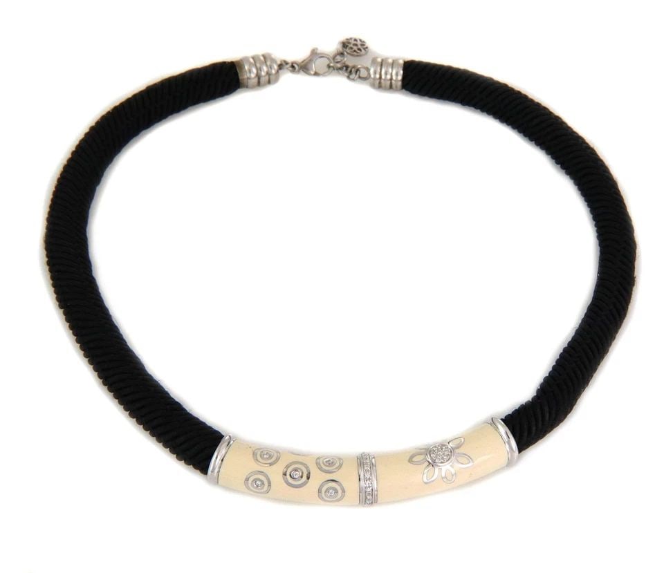 NOUVELLE BAGUE DIAMOND 18K GOLD 925 SILVER ENAMEL CORD NECKLACE 18"L LIQUIDATION: NOUVELLE BAGUE DIAMOND 18K GOLD 925 SILVER ENAMEL CORD NECKLACE 18"L Nouvelle Bague Diamond 18k Gold 925 Silver Enamel Cord Necklace 18"L Description This is an auhtentic collar necklace by La Nouvell