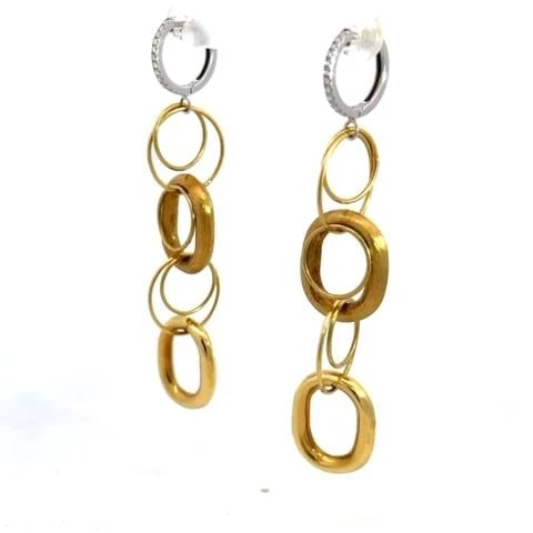 DIAMOND 18K GOLD EARRINGS ASSORTED SHAPE DROP DANGLE RING LINKS: DIAMOND 18K GOLD EARRINGS ASSORTED SHAPE DROP DANGLE RING LINKS This lovely pair of earrings are crafted from 18k yellow and white gold featuring polished and satin finish puffed hallow oval shaped li