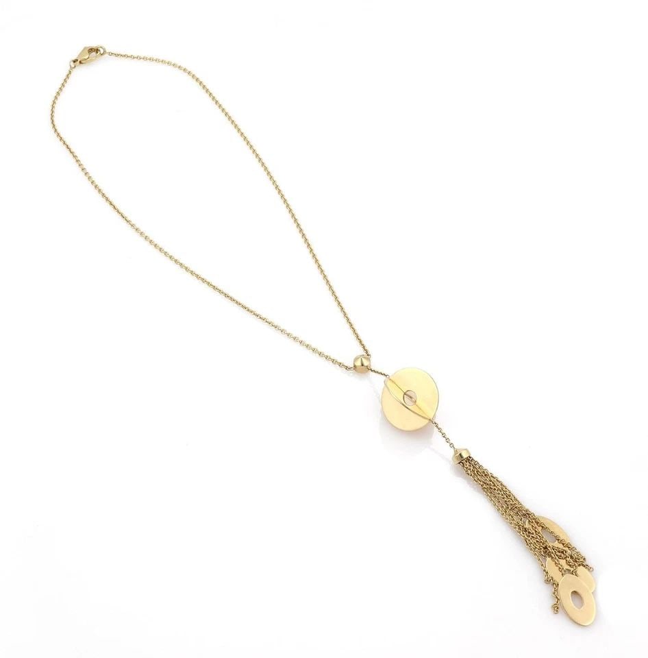 LARIAT NECKLACE 14K YELLOW GOLD GEOMETRIC TASSEL PENDANT: 14k Yellow Gold Geometric Tassel Pendant Lariat Necklace Description This lovely necklace is crafted from 14k yellow gold with a polished finish. The pendant and chain is in a lariat style with a circ