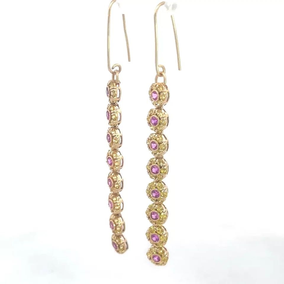 GEMSTONES GOLD DANGLE EARRINGS 14K YELLOW PINK & YELLOW LONG FLORAL STYLE (1 of 2)
