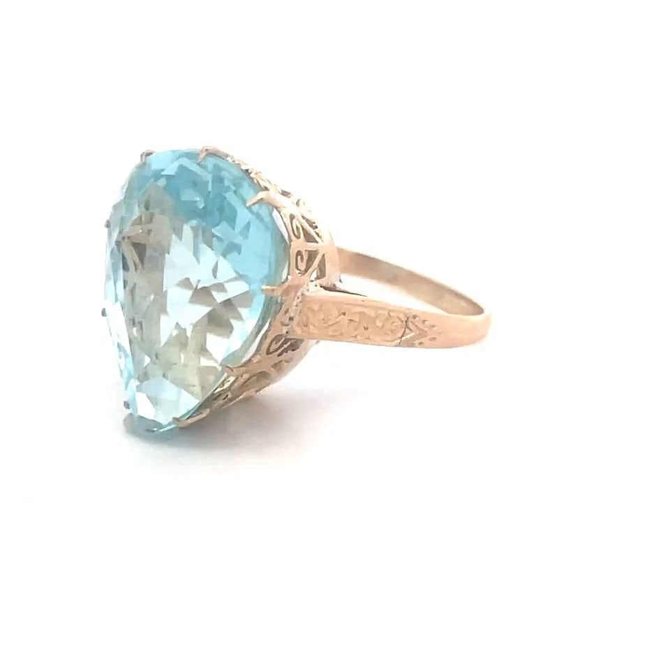 AQUAMARINE GOLD RING 12K YELLOW FILIGREE BRIDGE PEAR SHAPE (1 of 2)
