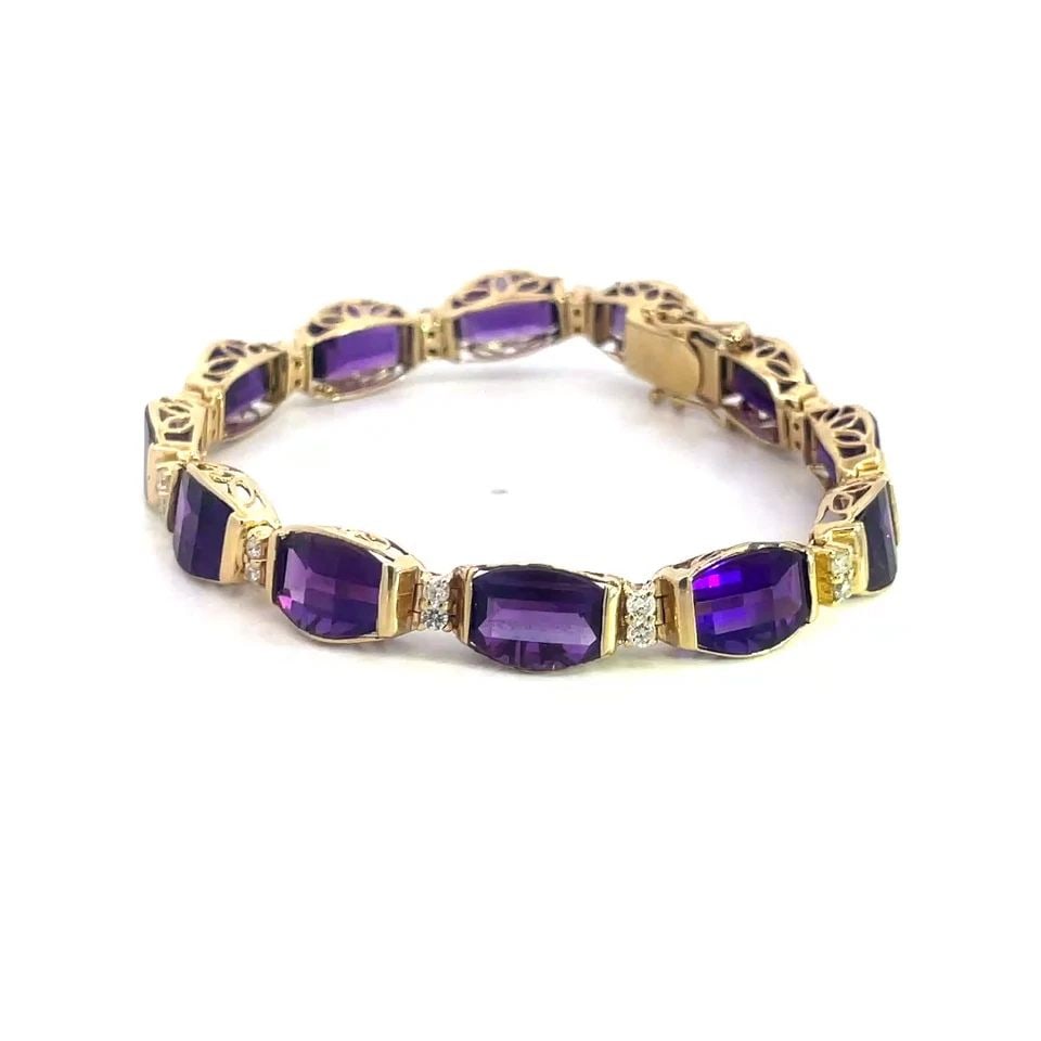 DIAMOND AMETHYST GOLD BRACELET 14K YELLOW FILIGREE TONNEAU LINKS (1 of 2)