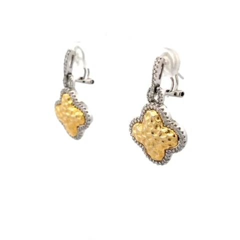 DIAMOND 14K GOLD DANGLE EARRINGS FOUR LEAF CLOVER HAMMERED STYLE: DIAMOND 14K GOLD DANGLE EARRINGS FOUR LEAF CLOVER HAMMERED STYLE This cute pair of earrings are crafted from 14k yellow and white gold featuring a small, curved stop with the post clip back accented w