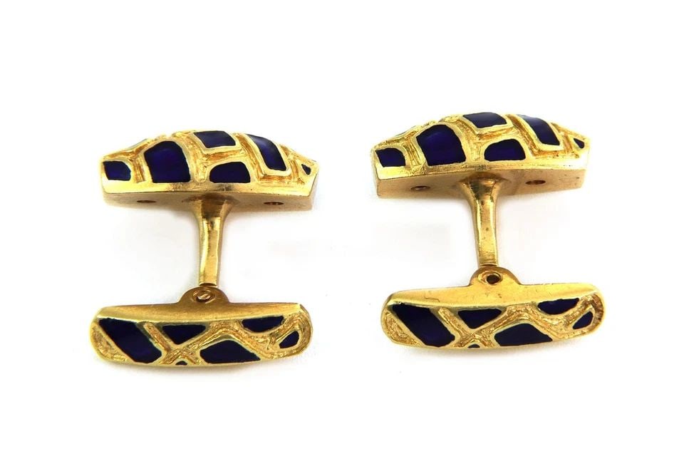 ESTATE 18K YELLOW GOLD ENAMEL MOSAIC LONG TOP CUFFLINKS - LIQUIDATION! (1 of 2)