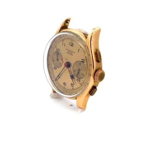 CHRONOGRAPHE SUISSE MEN'S WATCH 35MM 18K ROSE GOLD 17RUBIES: CHRONOGRAPHE SUISSE MEN'S WATCH 35MM 18K ROSE GOLD 17RUBIES This is a vintage 1950's watch, it is crafted from 18k rose gold without band. It is a chronograph with 2 sub-dials manual wind with acrylic