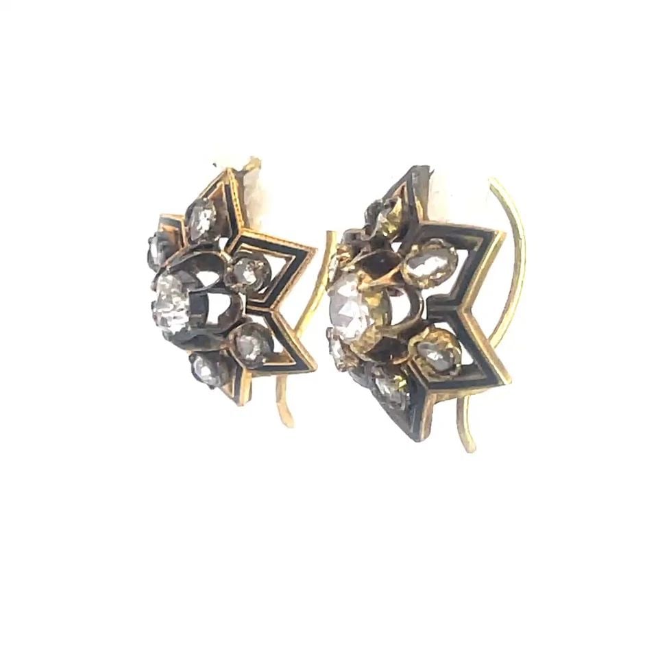 VICTORIAN DIAMOND GOLD EARRINGS ROSE CUT 18K YELLOW ENAMEL STAR DANGLE STYLE: VICTORIAN DIAMOND GOLD EARRINGS ROSE CUT 18K YELLOW ENAMEL STAR DANGLE STYLE These Victorian Diamond Gold Earrings feature rose cut diamonds set in 18k yellow gold with enamel detailing. The dangle st
