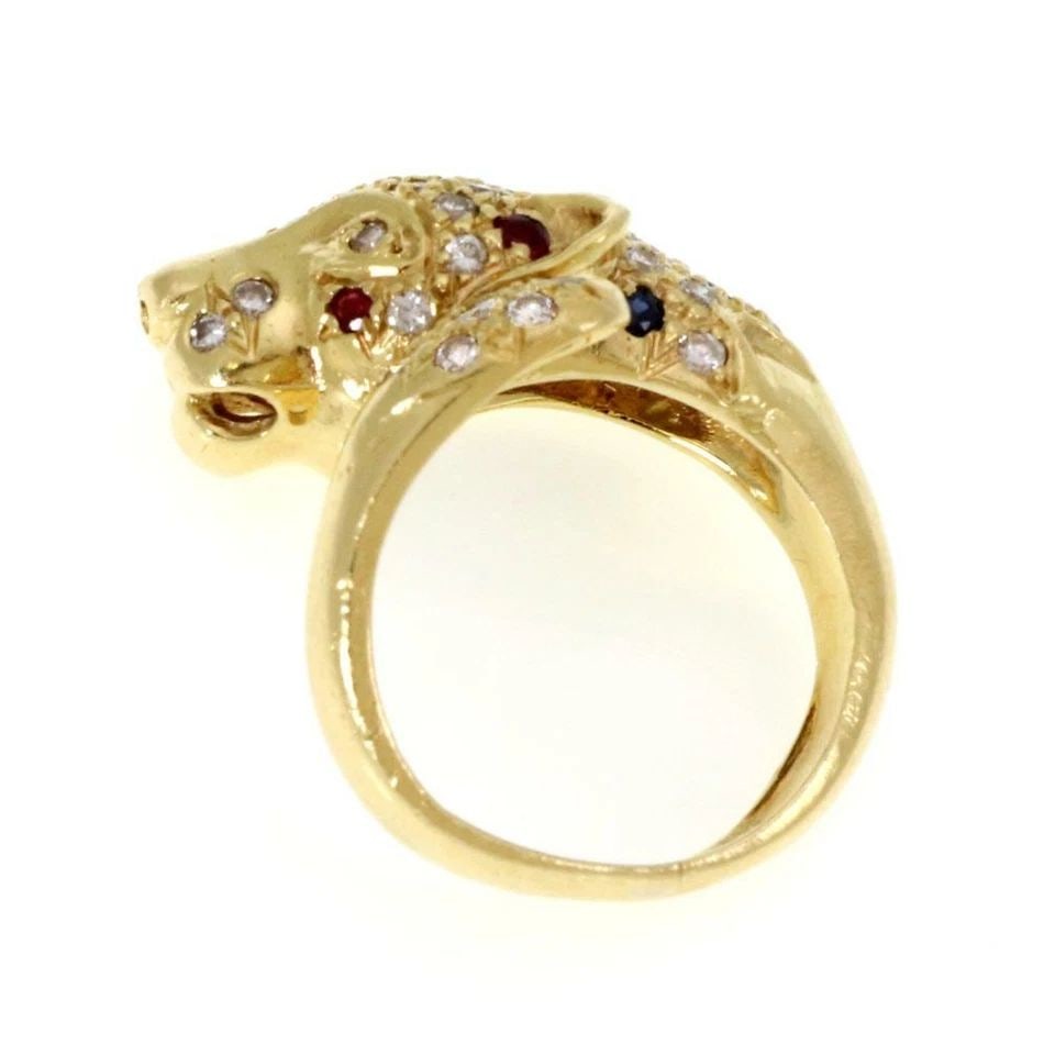 18K YELLOW GOLD DIAMOND & GEMS PANTHER HEAD BYPASS RING (1 of 2)