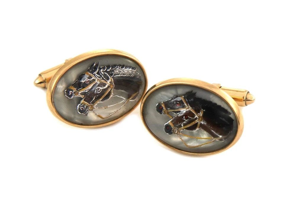 KREMENTZ VINTAGE REVERSED CRYSTAL 14K GOLD OVAL HORSES CUFFLINKS LIQUIDATION (1 of 2)
