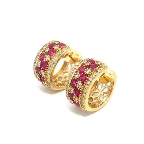 DIAMOND RUBY HUGGIE EARRINGS 14K YELLOW GOLD SMALL HOOP (1 of 2)