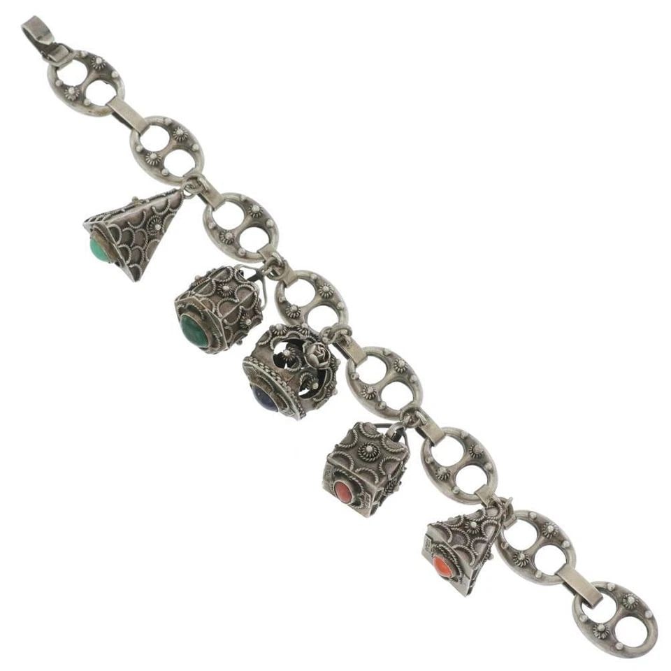 SIGNED S&F MULTICOLOR GEMS STERLING 5 CHARMS MARINER LINK BRACELET LIQUIDATION: SIGNED S&F MULTICOLOR GEMS STERLING 5 CHARMS MARINER LINK BRACELET Signed S&F Multicolor Gems Sterling 5 Charms Mariner Link Bracelet Description This is a charming vintage large bracelet, it has the 