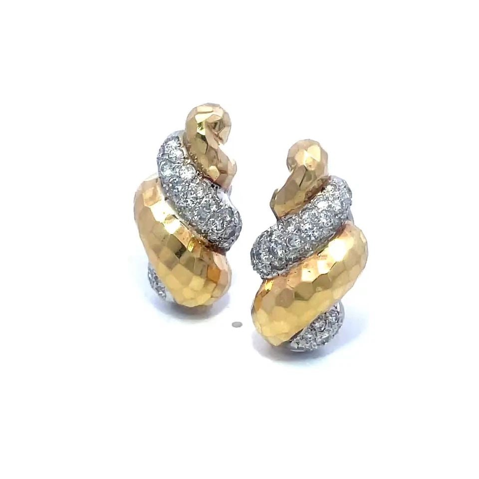 GOLD NATURAL DIAMOND SHELL EARRINGS 14K TWO TONE HAMMERED STYLE CLIP ON (1 of 2)