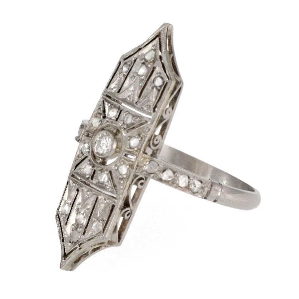 ART DECO ROSE CUT DIAMONDS PLATINUM LONG RING SIZE 8.25 LIQUIDATION!: ART DECO ROSE CUT DIAMONDS PLATINUM LONG RING SIZE 8.25 ! Art Deco Rose Cut Diamonds Platinum Long Ring Size 8.25 ! Description This is a lovely Art Deco ring, it is crafted from platinum featuring a 