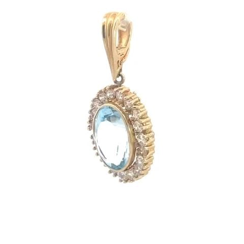 GOLD PENDANT 14K AQUAMARINE DIAMOND YELLOW HALO OVAL SHAPE (1 of 2)