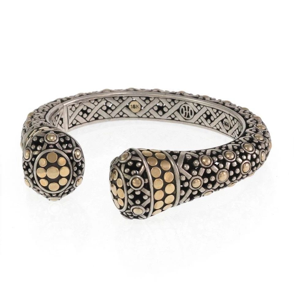 JOHN HARDY BRACELET DOT KICK 925 SILVER 18K YELLOW GOLD CUFF: JOHN HARDY BRACELET DOT KICK 925 SILVER 18K YELLOW GOLD CUFF John Hardy Dot Kick 925 Silver 18k Yellow Gold Cuff Bracelet Description This authentic cuff bracelet is by David Yurman, a mix of sterling