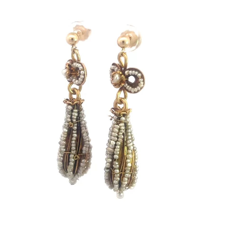 VICTORIAN SEED PEARLS GOLD EARRINGS 18K 14K LONG BULB DROP DANGLE STYLE: VICTORIAN SEED PEARLS GOLD EARRINGS 18K 14K LONG BULB DROP DANGLE STYLE These Victorian Seed Pearl Gold Earrings feature a classic dangle/drop style with a bulb shape design, perfect for adding a touc