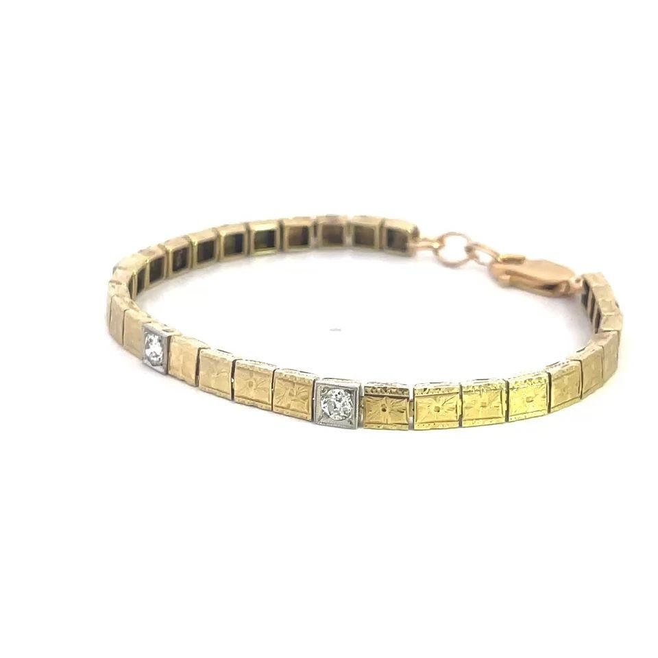 ART DECO GOLD DIAMOND BRACELET 14K YELLOW SQAURE LINK FLORAL (1 of 2)