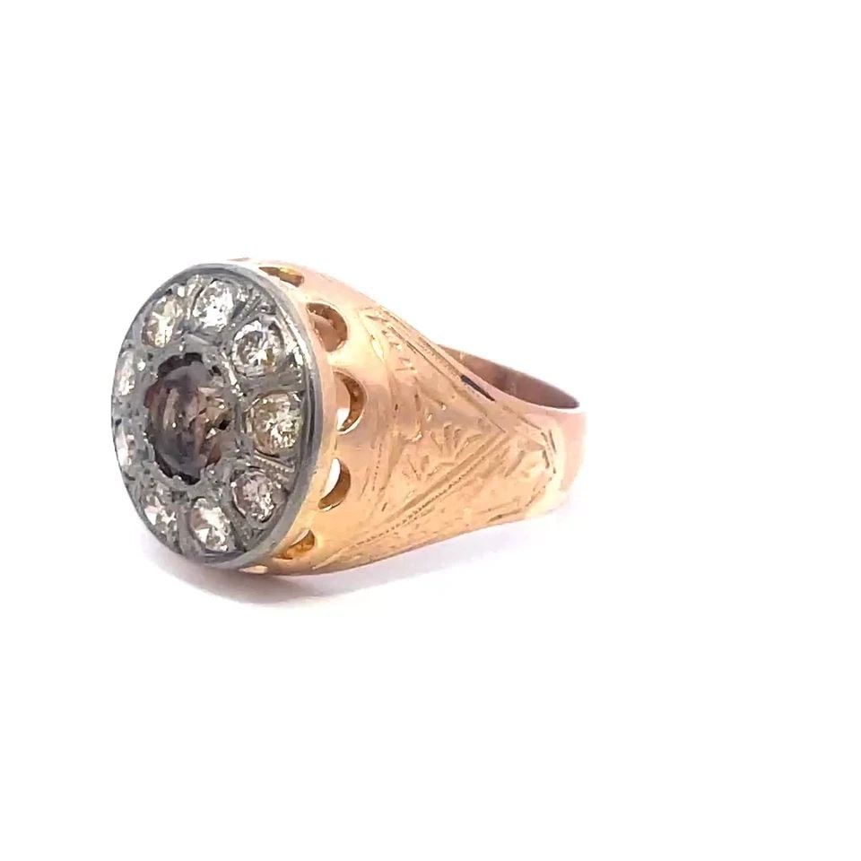 DIAMOND GOLD VINTAGE MEN'S RING 17K TWO TONE CHAMPAGNE WHITE 2.10CT ROUND TOP (1 of 2)