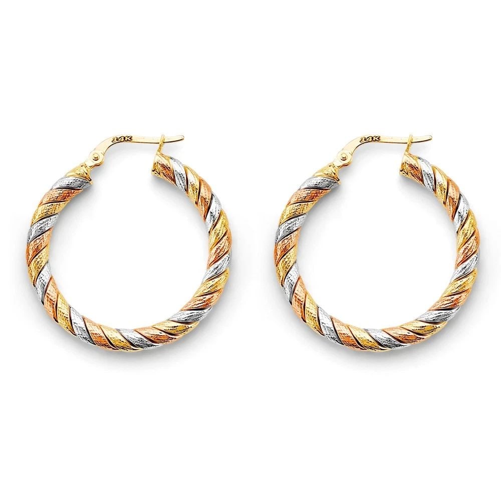 NEW 14K TRI COLOR GOLD BRAIDED HOOP EARRINGS: NEW 14K TRI COLOR GOLD BRAIDED HOOP EARRINGS BRAIDED HOOP EARRINGS NEW 14K TRI COLOR GOLD HEIGHT - 30 mm WIDTH - 30 mm Apx WEIGHT - 3.1 g