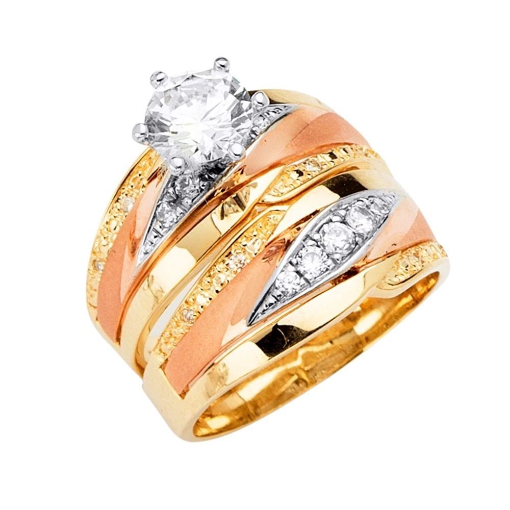 NEW 14K TRI COLOR GOLD ENGAGEMENT RING/TRIO SET - SIZE 10: NEW 14K TRI COLOR GOLD CZ ENGAGEMENT RING/TRIO SET CZ ENGAGEMENT RING/TRIO SET NEW 14K TRI COLOR GOLD WIDTH : WEIGHT : 4.1g