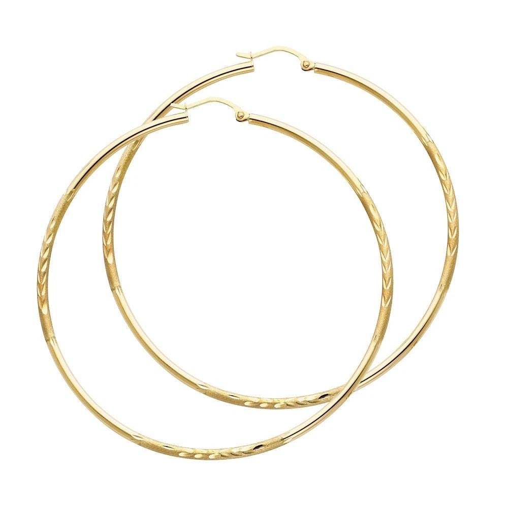 NEW 14K YELLOW GOLD 2MM BUDDED DC ROUND TUBE HOOP EARRINGS (65MM): NEW 14K YELLOW GOLD 2MM BUDDED DC ROUND TUBE HOOP EARRINGS (65MM) 2MM BUDDED DC ROUND TUBE HOOP EARRINGS (65MM) NEW 14K YELLOW GOLD HEIGHT - 60 mm WIDTH - 60 mm Apx WEIGHT - 3.1 g